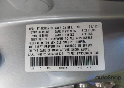 2012 Honda Accord Se z USA, uszkodzony, nr VIN 1HGCP2F66CA088522